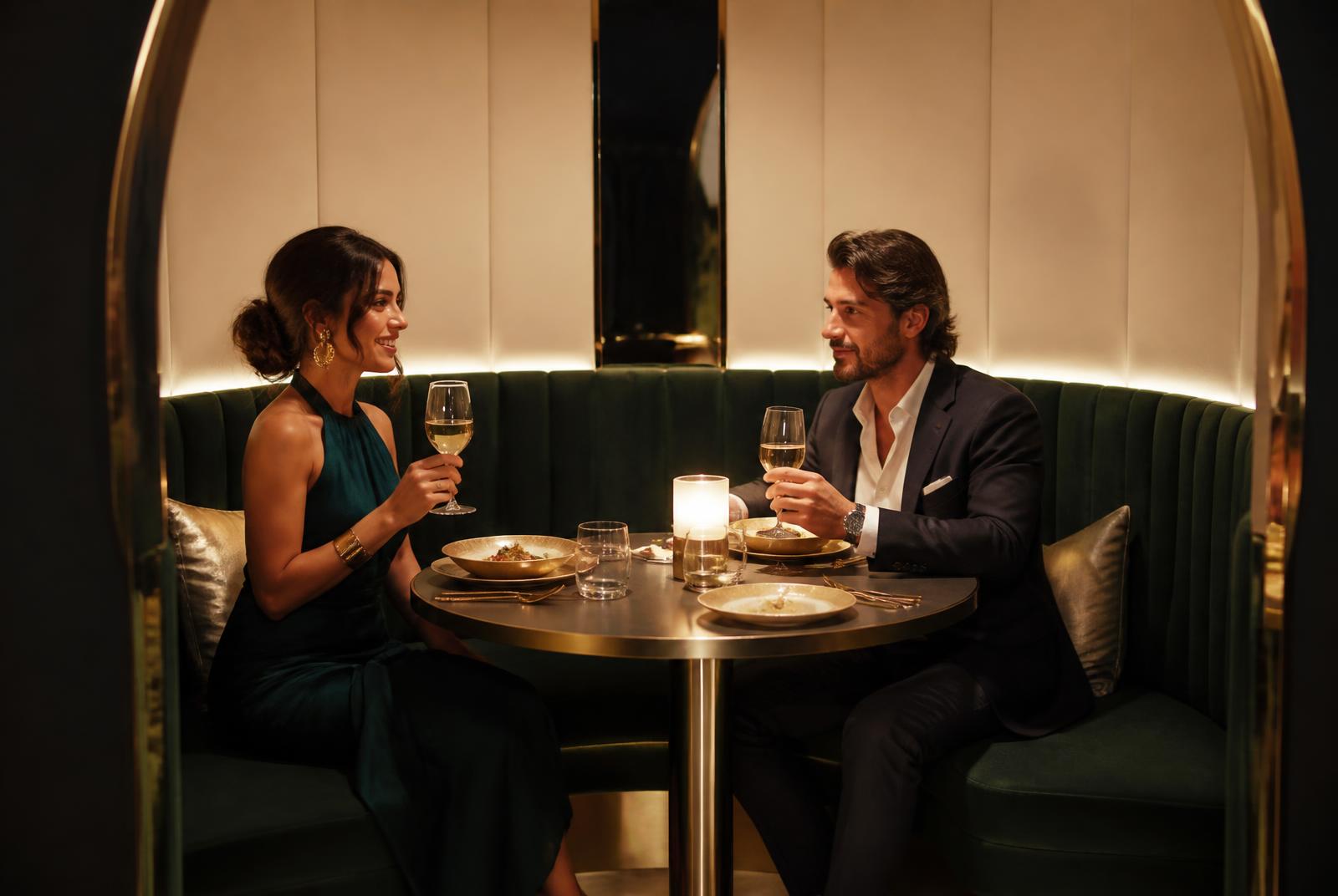 Guests dining inside a sound-sealed private pod at Bebek