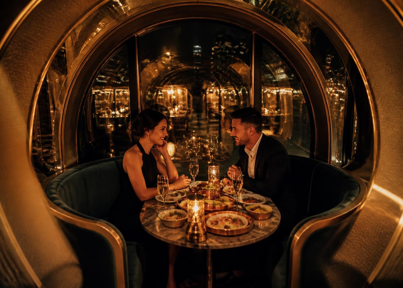 Guests dining inside a sound-sealed private pod at Bebek